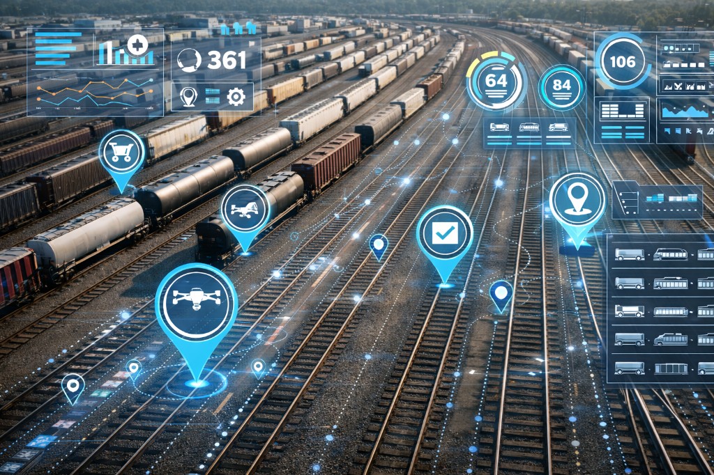 Rail yard with digital overlays showing data tracking and operational intelligence