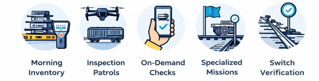 Operation stages: Morning Inventory, Inspection Patrols, On-Demand Checks, Specialized Missions, Switch Verification